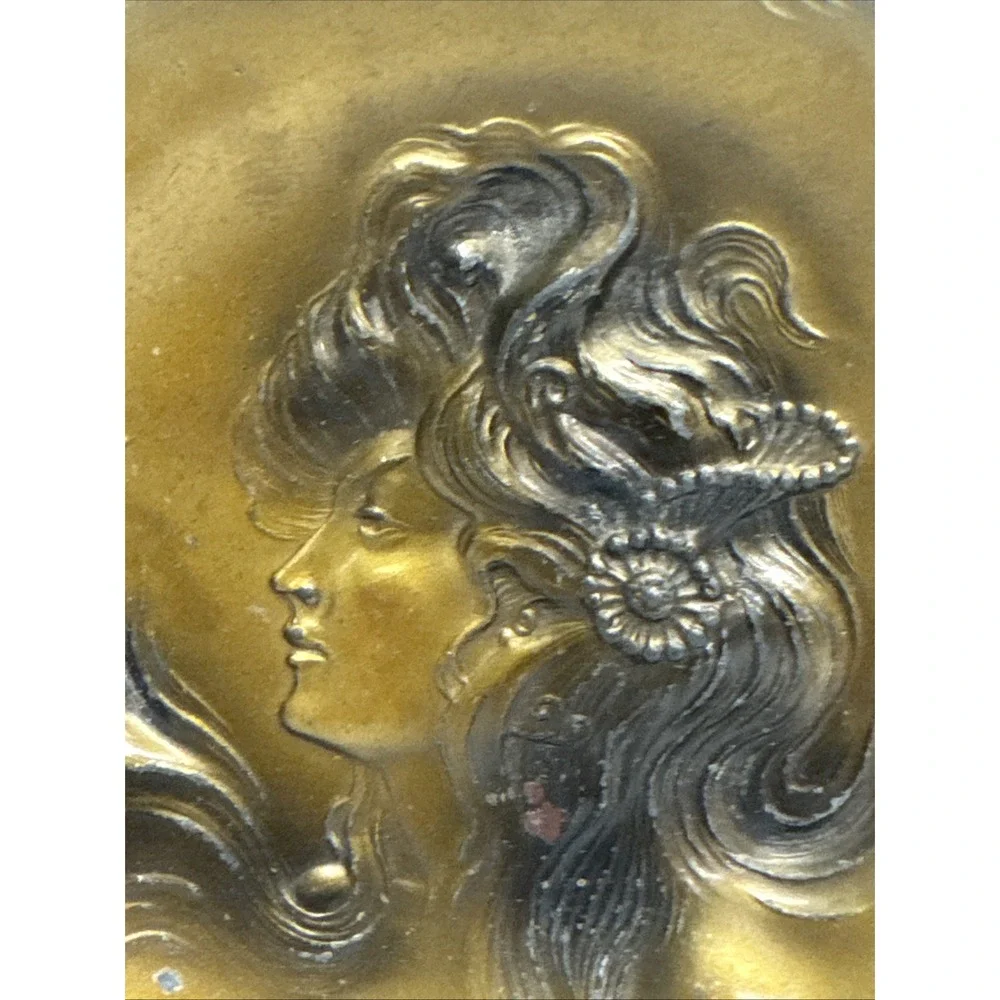 Vintage Art Nouveau Female Portrait Metal Trinket Jewelry Bronze Dish Tray 5